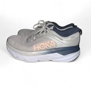 Hoka One One Bondi 7 Womens Size 8 Athletic Running Shoes Gray Navy and Peach